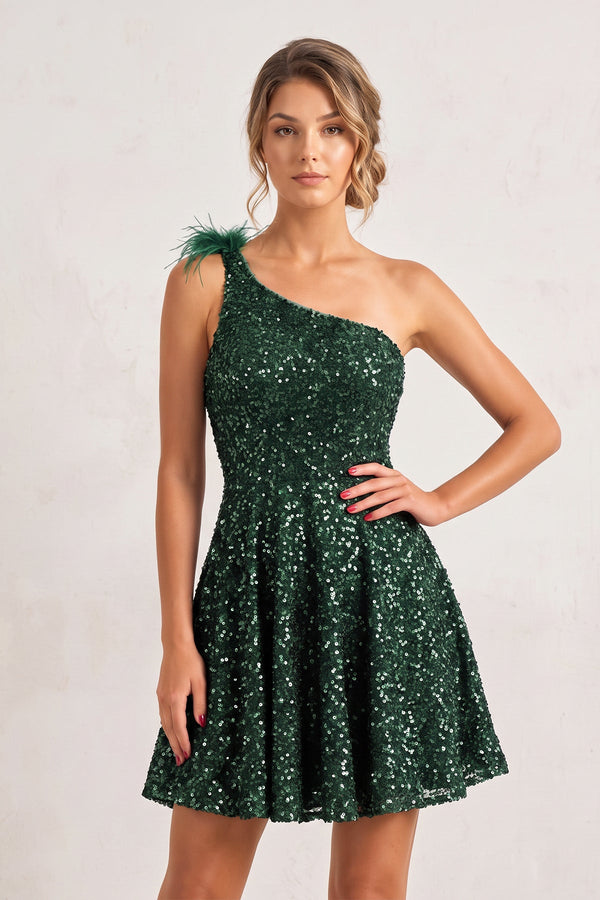 Dark Green One Shoulder A Line Sequins Homecoming Dresses With Feathers | SHEISME