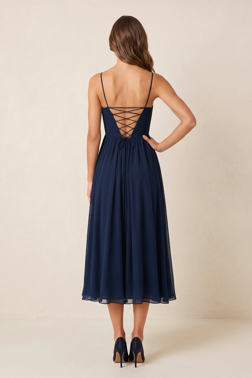 Dark Navy Spaghetti Straps A-Line Ruched Chiffon Midi Wedding Guest Dress