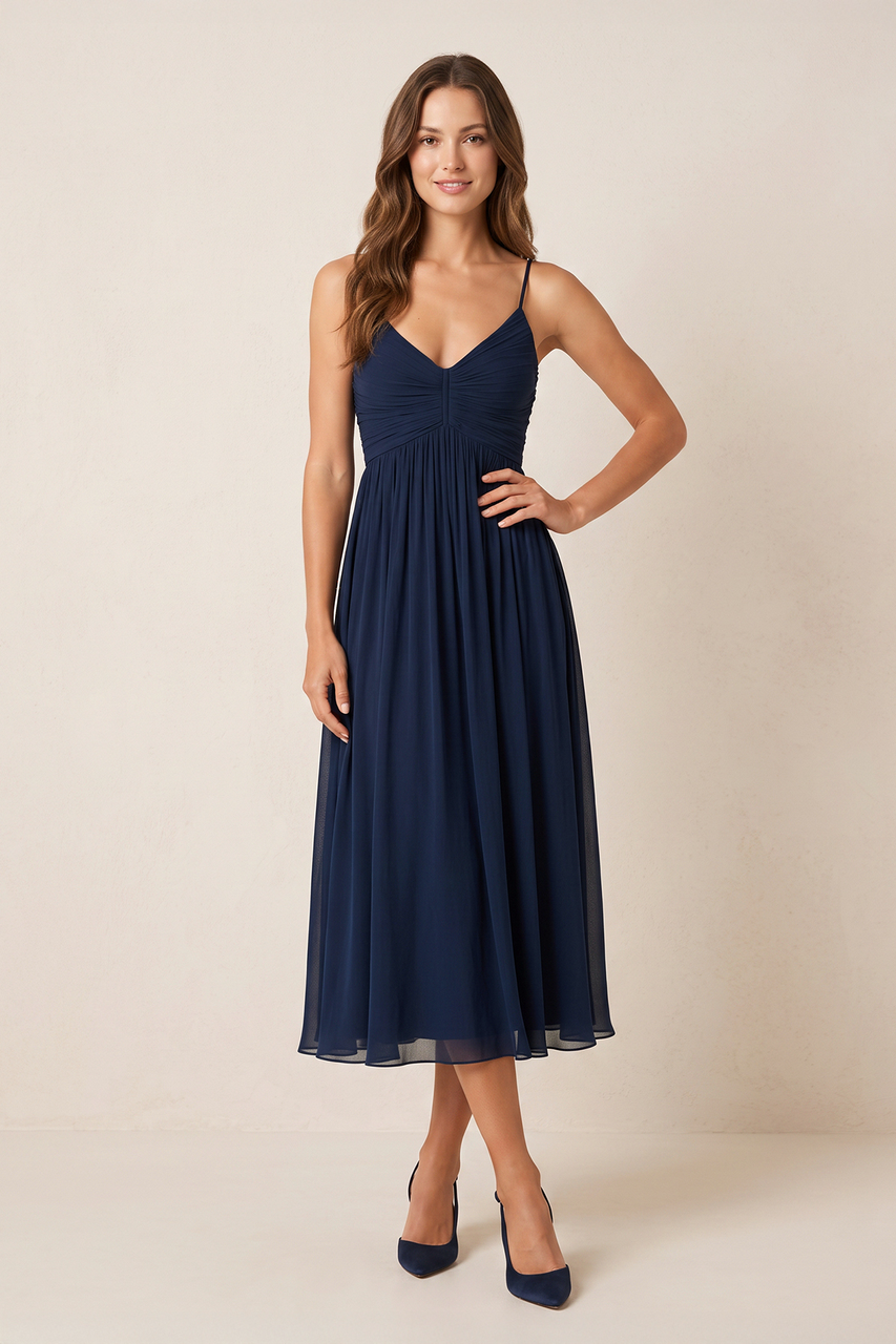 Dark Navy Spaghetti Straps A-Line Ruched Chiffon Midi Wedding Guest Dress