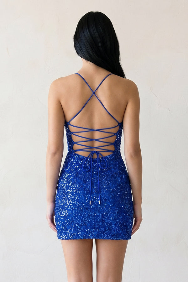 Royal Blue Dawn | Glitter Sequin Spaghetti Straps Lace Up Tight Homecoming Dress
