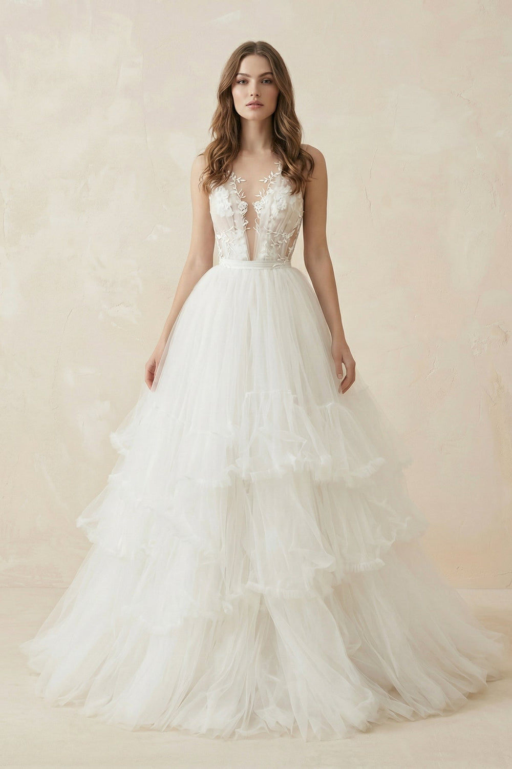 Deep V A - Line Tulle Appliqued Wedding Dress in White - SHE IS ME Wedding Dresses