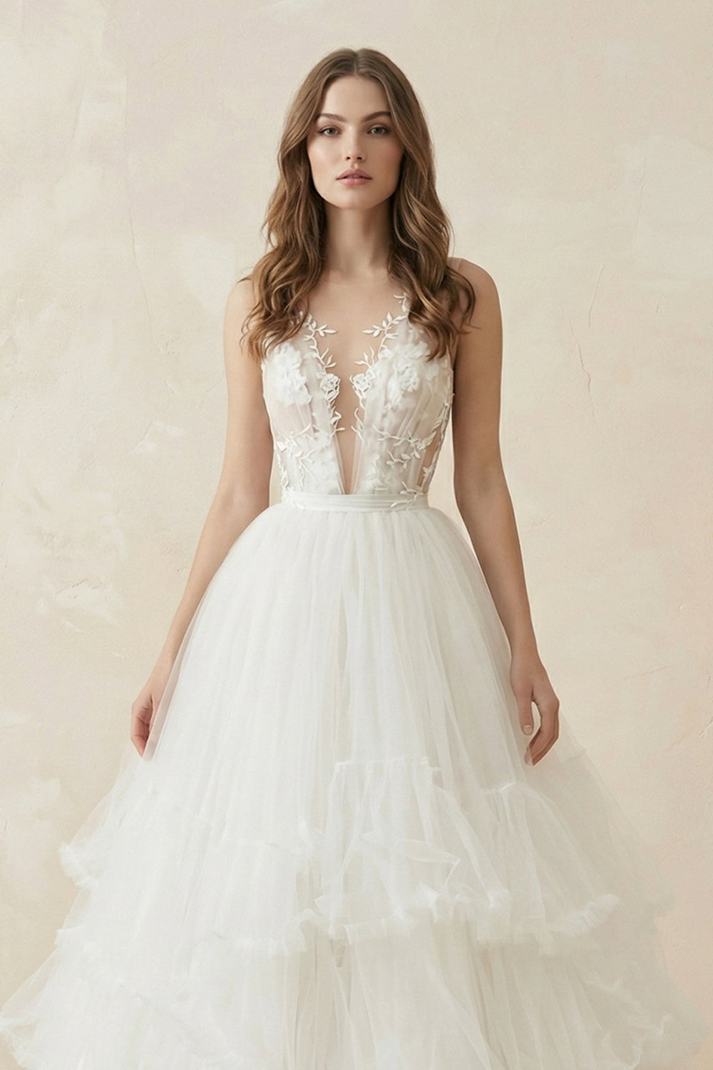 Deep V A - Line Tulle Appliqued Wedding Dress in White - SHE IS ME Wedding Dresses