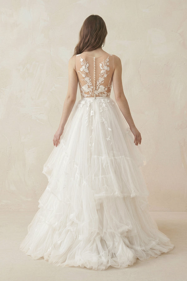 Deep V A - Line Tulle Appliqued Wedding Dress in White - SHE IS ME Wedding Dresses