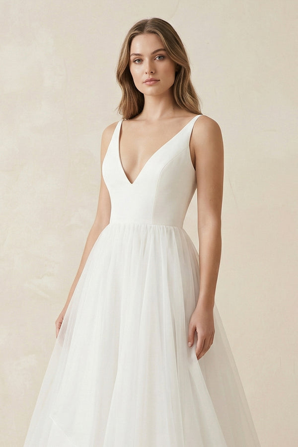 Deep V - Neck Chiffon Maxi Wedding Dress in White - SHE IS ME Wedding Dresses