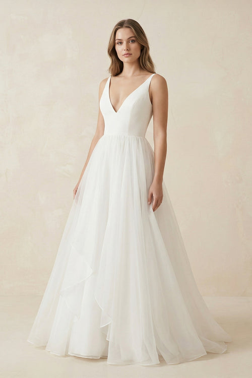 Deep V - Neck Chiffon Maxi Wedding Dress in White - SHE IS ME Wedding Dresses