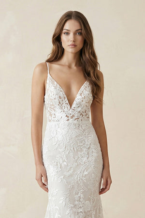 Deep V Neck Lace Mermaid Wedding Dress With Appliques in White - SHE IS ME Wedding Dresses