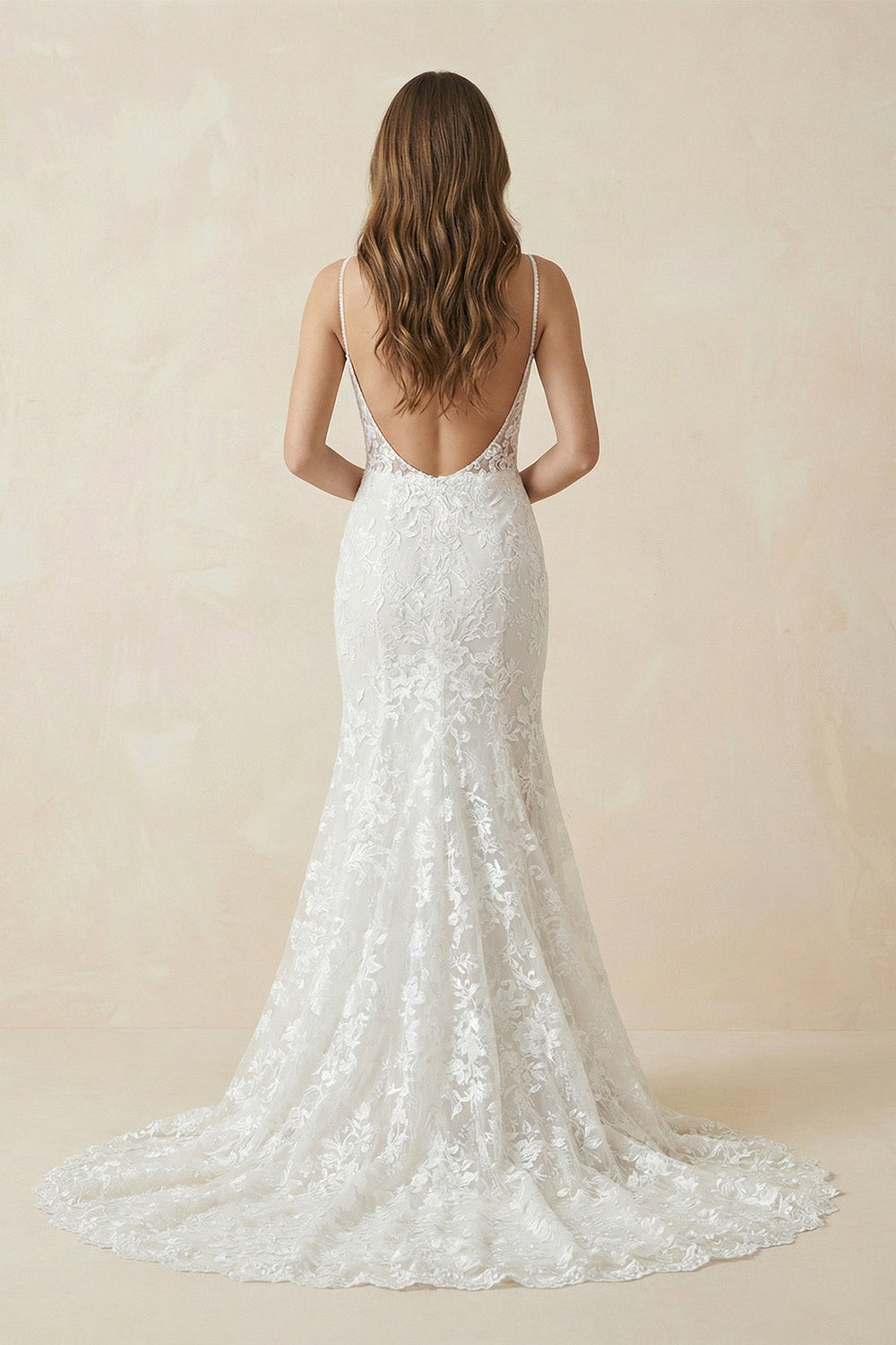 Deep V Neck Lace Mermaid Wedding Dress With Appliques in White - SHE IS ME Wedding Dresses