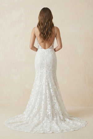 Deep V Neck Lace Mermaid Wedding Dress With Appliques in White - SHE IS ME Wedding Dresses