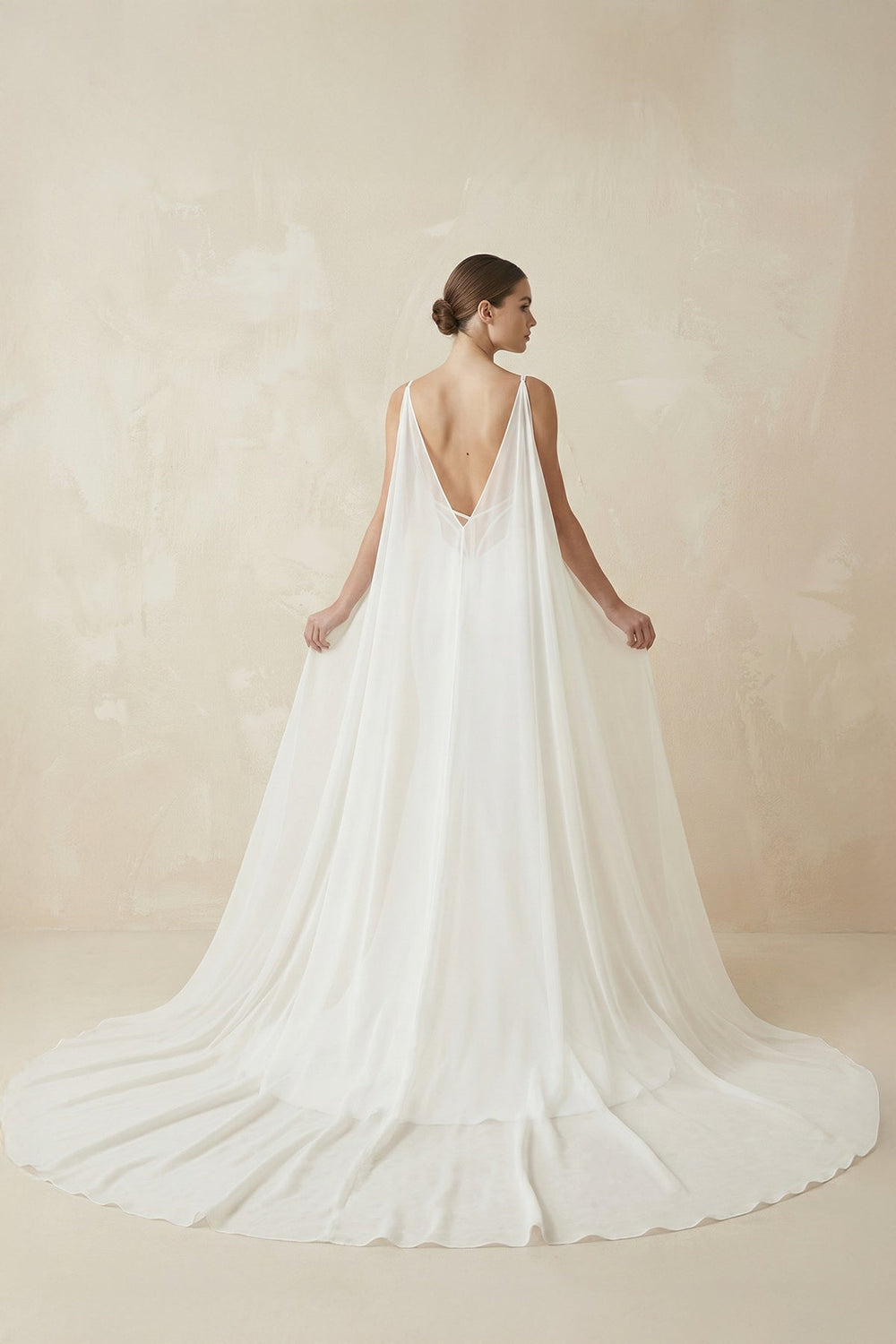 Deep V - Neck Mermaid Chiffon Wedding Dress Detachable Cape in White - SHE IS ME Wedding Dresses