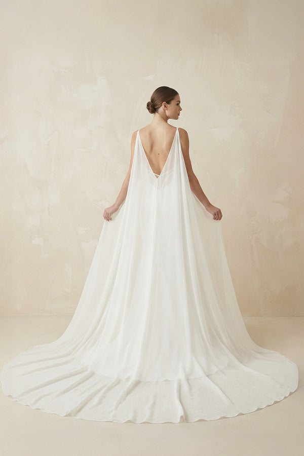Deep V - Neck Mermaid Chiffon Wedding Dress Detachable Cape in White - SHE IS ME Wedding Dresses
