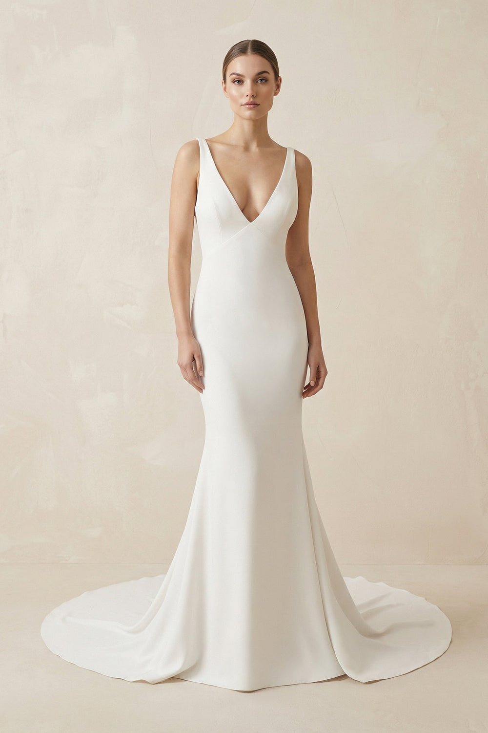 Deep V - Neck Mermaid Chiffon Wedding Dress Detachable Cape in White - SHE IS ME Wedding Dresses