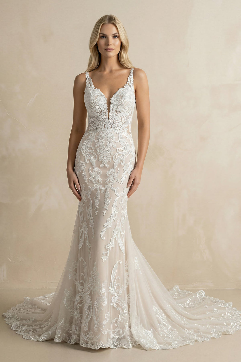 Deep V Neck Mermaid Lace Appliqued Wedding Dress in White and Nude - SHE IS ME Wedding Dresses
