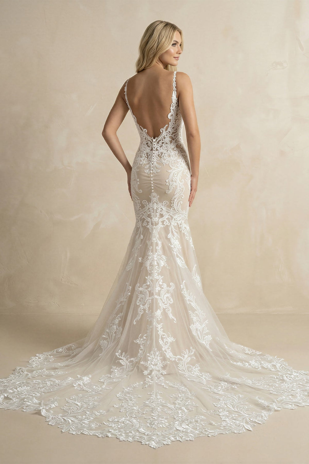 Deep V Neck Mermaid Lace Appliqued Wedding Dress in White and Nude - SHE IS ME Wedding Dresses