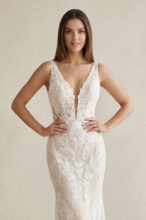 Deep V - Neck Mermaid Lace Wedding Dress in Ivory - SHE IS ME Wedding Dresses