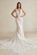 Deep V - Neck Mermaid Lace Wedding Dress in Ivory - SHE IS ME Wedding Dresses