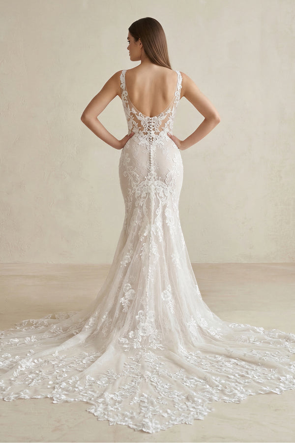 Deep V - Neck Mermaid Lace Wedding Dress in Ivory - SHE IS ME Wedding Dresses