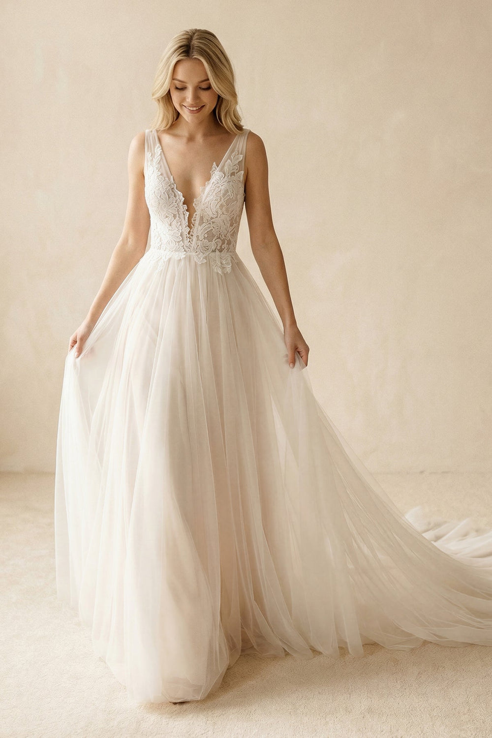 Deep V - Neck Tulle A - Line Appliqued Wedding Dress in Ivory - SHE IS ME Wedding Dresses