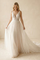 Deep V - Neck Tulle A - Line Appliqued Wedding Dress in Ivory - SHE IS ME Wedding Dresses