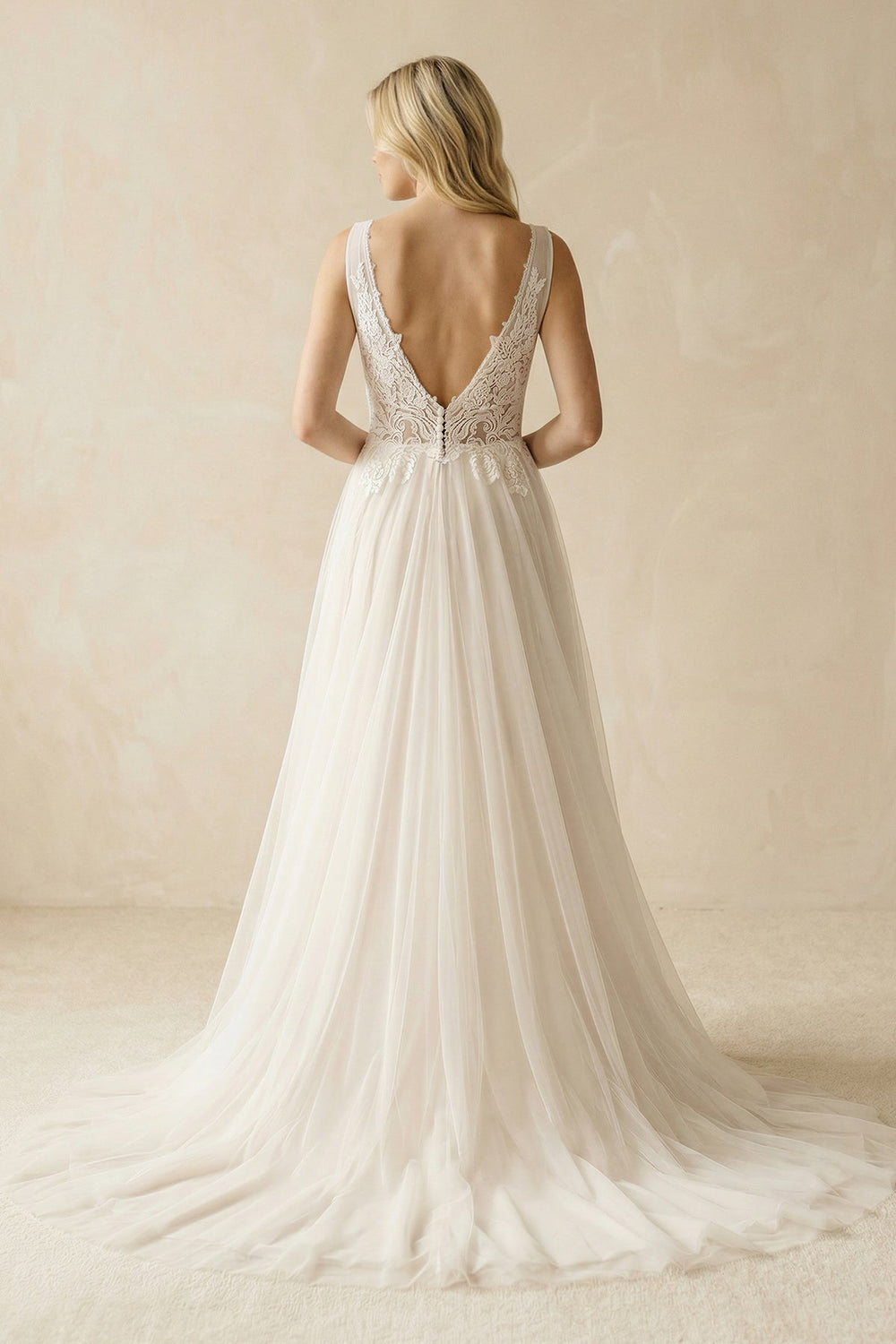 Deep V - Neck Tulle A - Line Appliqued Wedding Dress in Ivory - SHE IS ME Wedding Dresses