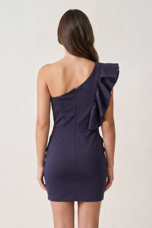 Devinee | Sheath Navy One-Shoulder Ruffled Mini Homecoming Dress With Slit