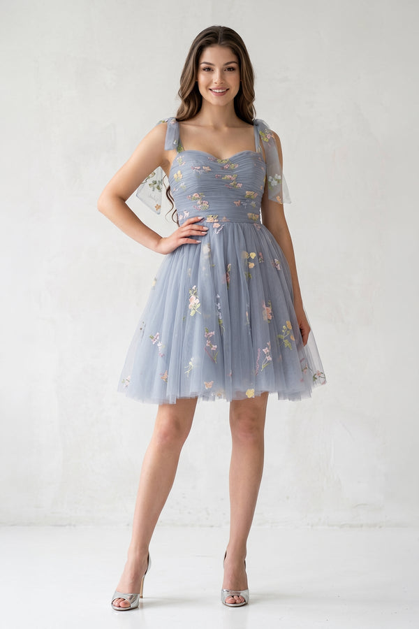 Duaty Blue A Line Sweetheart Tulle Floral Short Homecoming Dress - SHEISME