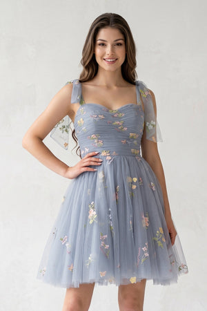 Duaty Blue A Line Sweetheart Tulle Floral Short Homecoming Dress - SHEISME