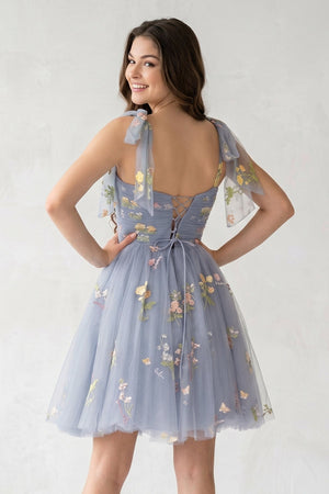 Duaty Blue A Line Sweetheart Tulle Floral Short Homecoming Dress - SHEISME