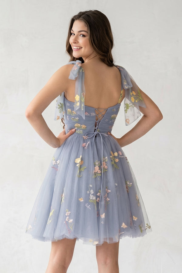 Duaty Blue A Line Sweetheart Tulle Floral Short Homecoming Dress - SHEISME