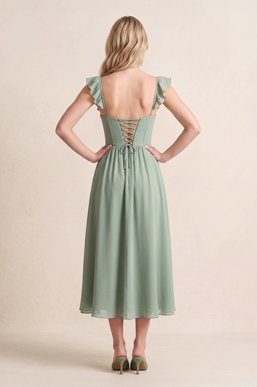 Dusty Sage Sweetheart A-Line Chiffon Midi Wedding Guest Dress with Slit and Ruffled Sleeves