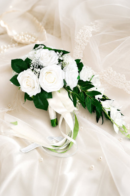Elegant Silk Roses Wedding Flowers Bouquets in White - SHE IS ME Accessories