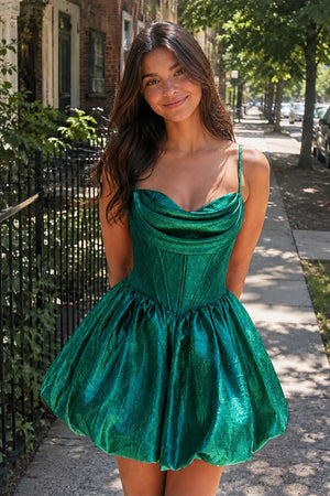 Emerald A Line Metallic Jacquard Scoop Neck Corset Short Homecoming Dresses | SHEISME