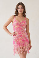 Hot Pink Sheath V Neck Sequined Tassels Homecoming Dresses-SHEISME