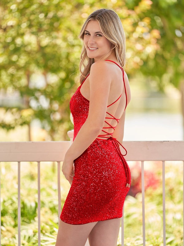 Bodycon Short Red Scoop Neck Sequins Mini Party Dresses - SHEISME