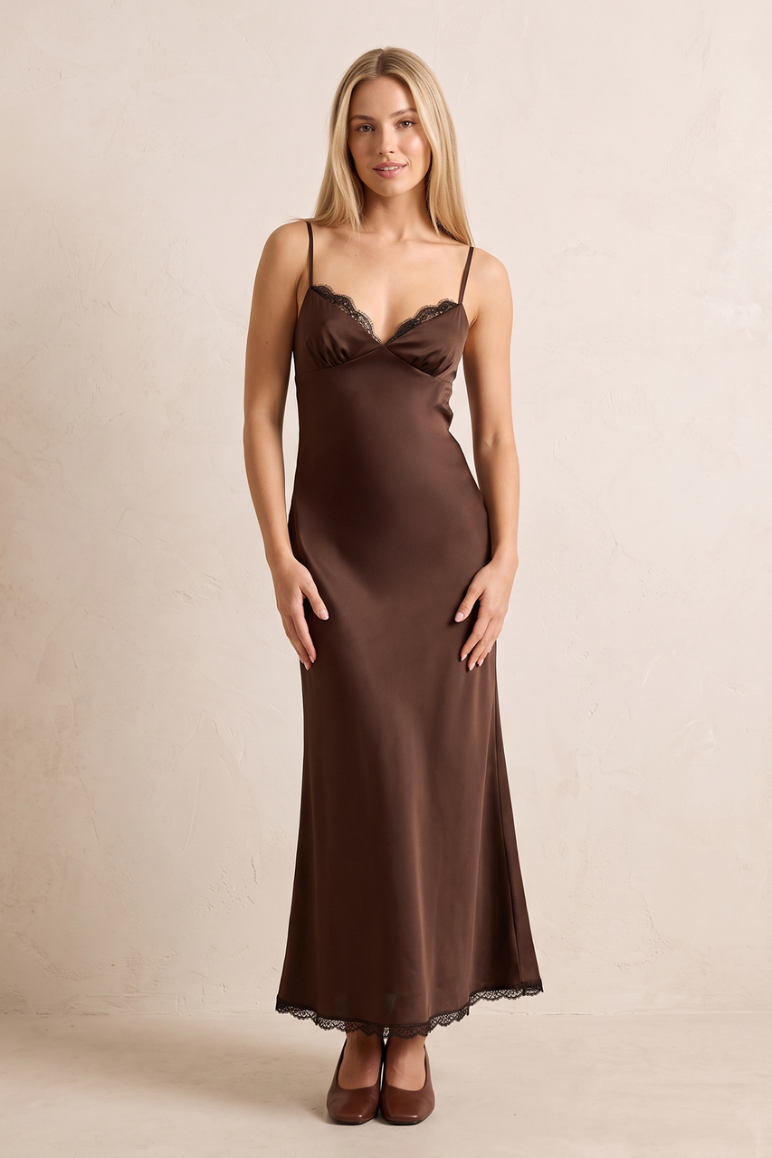 Espresso Satin Sheath Spaghetti Straps Wedding Guest Dress