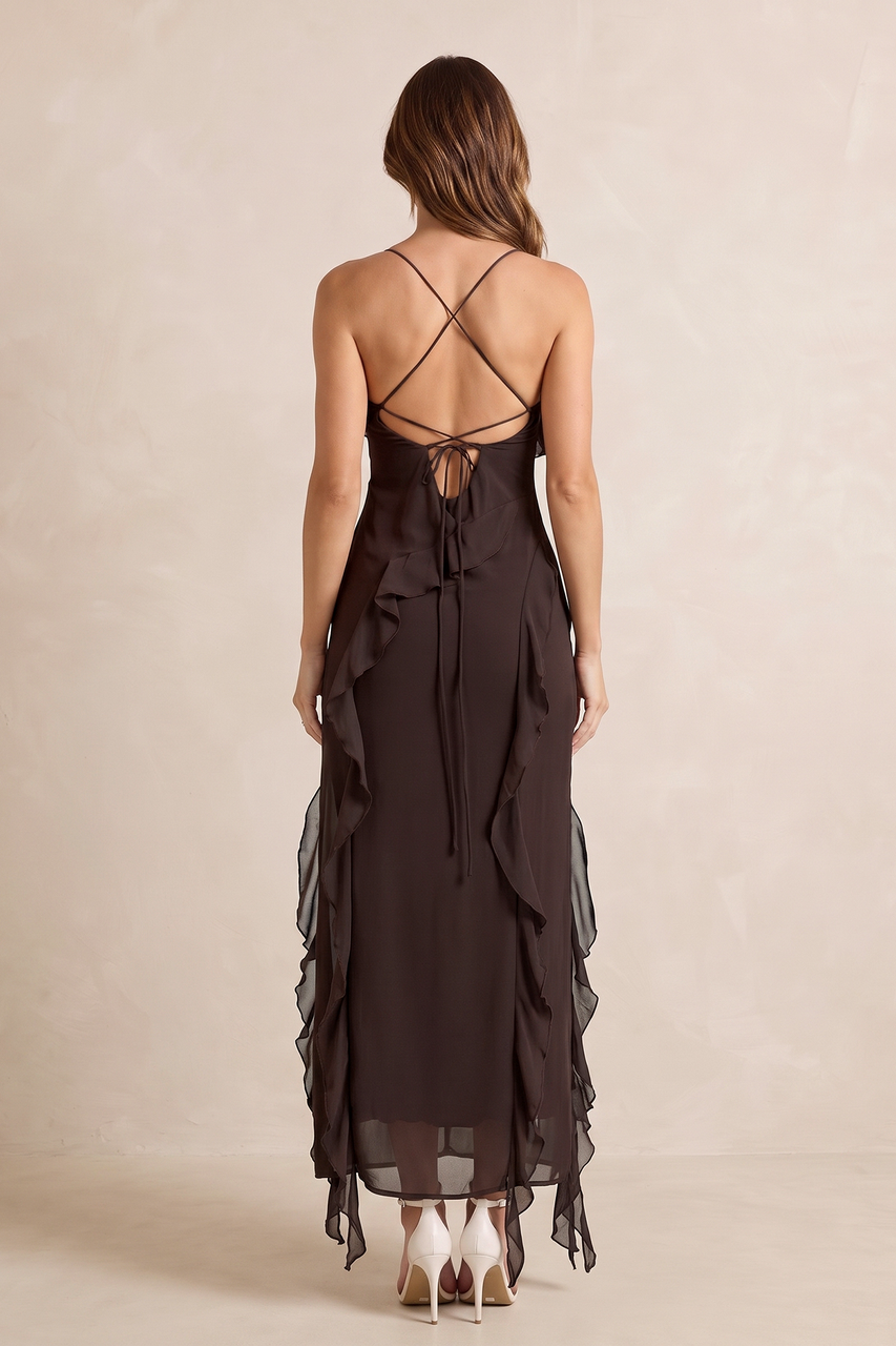 Espresso Spaghetti Straps Ruffled Sheath Chiffon Midi Wedding Guest Dress with Slit
