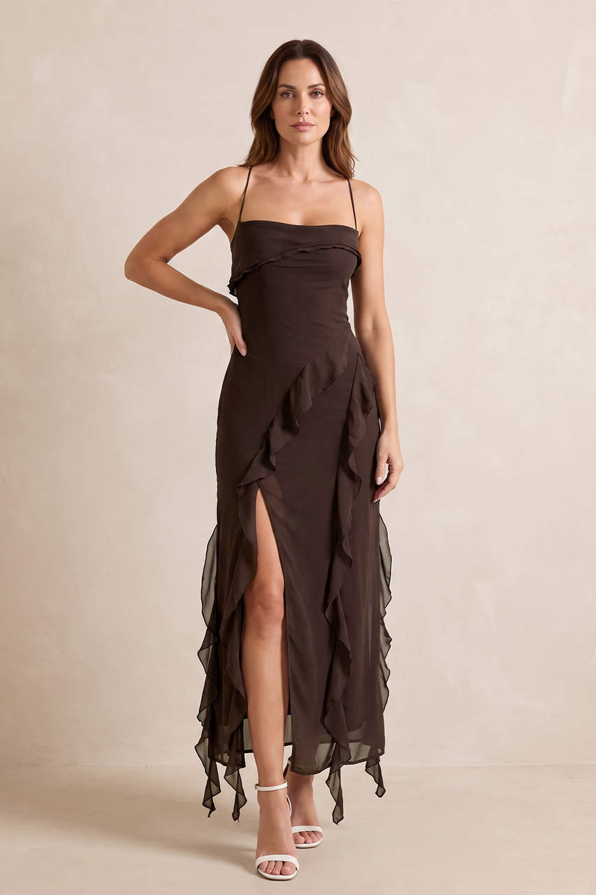 Espresso Spaghetti Straps Ruffled Sheath Chiffon Midi Wedding Guest Dress with Slit