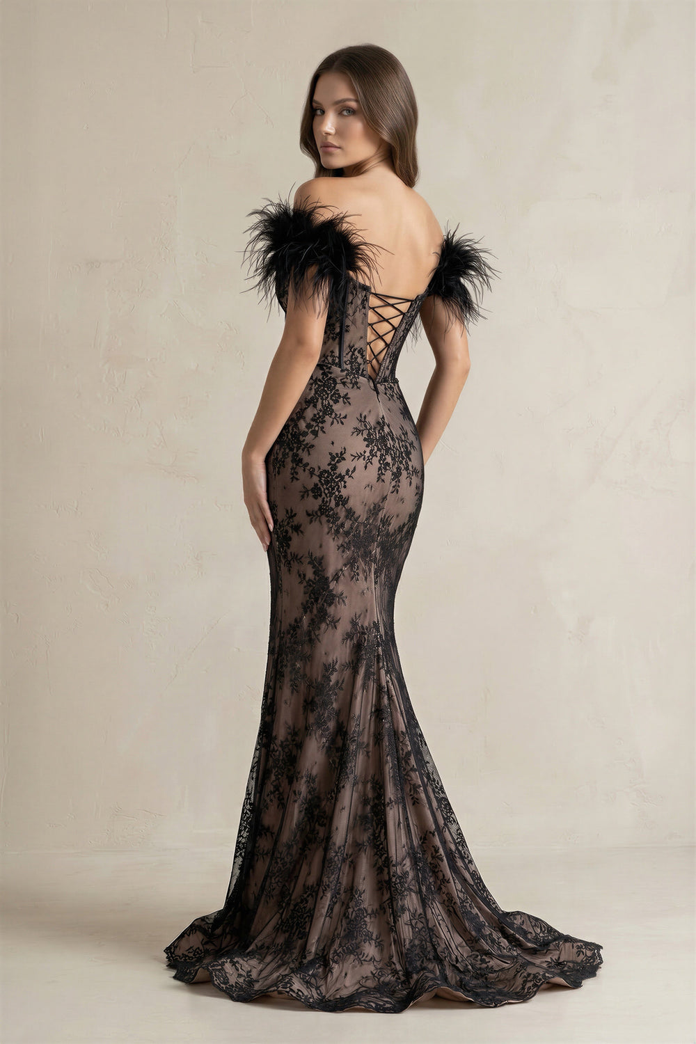 Feather Off - the - Shoulder Mermaid Corset Lace Wedding Dress With Slit in Black - SHE IS ME Wedding Dresses