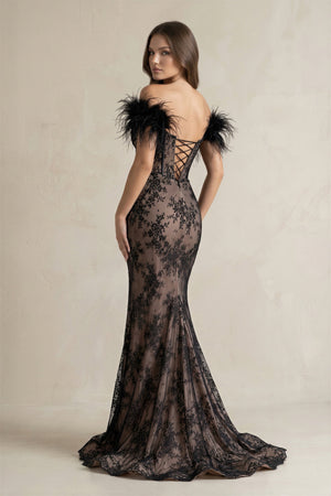 Feather Off - the - Shoulder Mermaid Corset Lace Wedding Dress With Slit in Black - SHE IS ME Wedding Dresses