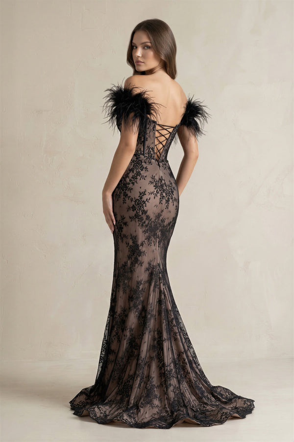 Feather Off - the - Shoulder Mermaid Corset Lace Wedding Dress With Slit in Black - SHE IS ME Wedding Dresses