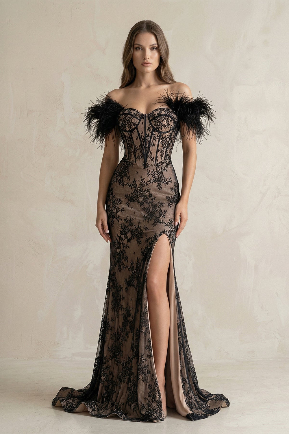 Feather Off - the - Shoulder Mermaid Corset Lace Wedding Dress With Slit in Black - SHE IS ME Wedding Dresses