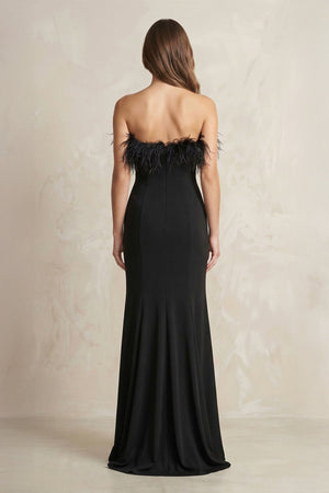 Feather Sheath Strapless Satin Wedding Dress With Slit in Black - SHE IS ME Wedding Dresses