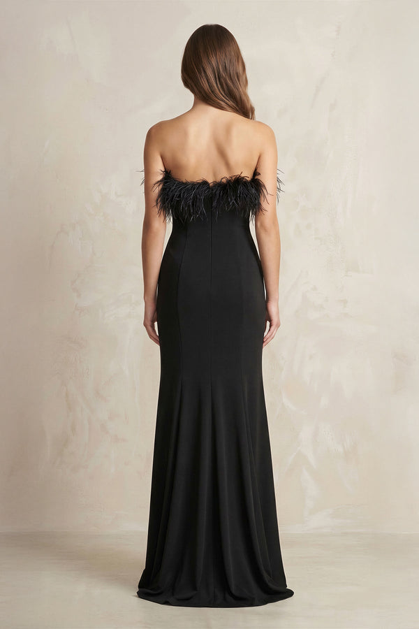 Feather Sheath Strapless Satin Wedding Dress With Slit in Black - SHE IS ME Wedding Dresses