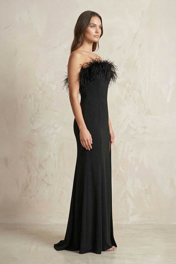 Feather Sheath Strapless Satin Wedding Dress With Slit in Black - SHE IS ME Wedding Dresses