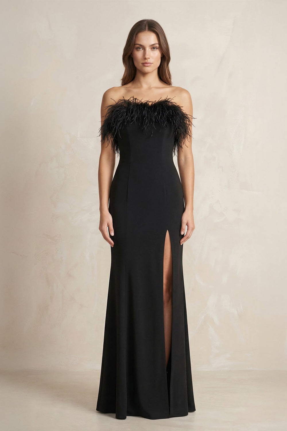Feather Sheath Strapless Satin Wedding Dress With Slit in Black - SHE IS ME Wedding Dresses