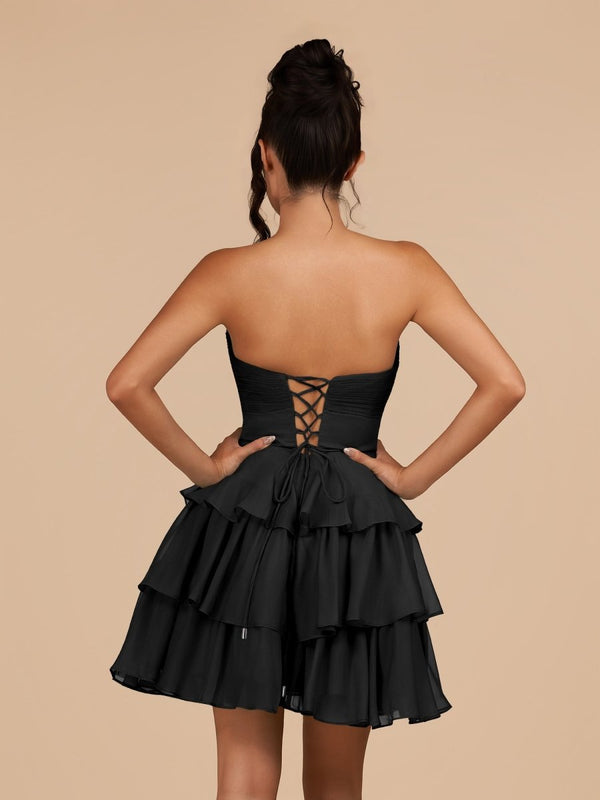 Fenara | Black - Strapless A Line Chiffon Ruffles Homecoming Dresses With Flower - SHEISME