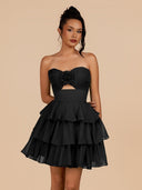 Fenara | Black - Strapless A Line Chiffon Ruffles Homecoming Dresses With Flower - SHEISME