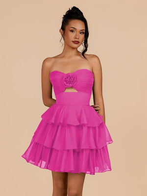 Fuchsia - Strapless A Line Chiffon Ruffles Homecoming Dresses With Flower – Homecoming Dress by SHEISME | Available at SHEISME