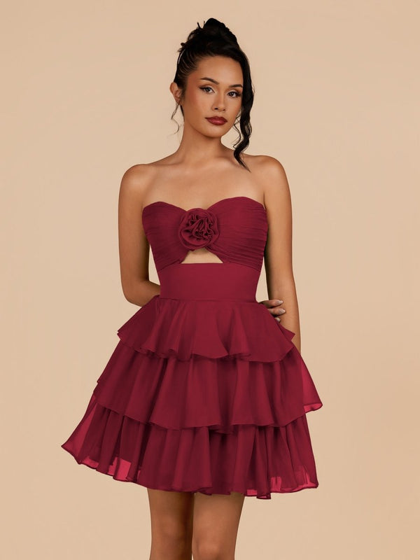 Fenara | Burgundy - Strapless A Line Chiffon Ruffles Homecoming Dresses With Flower - SHEISME