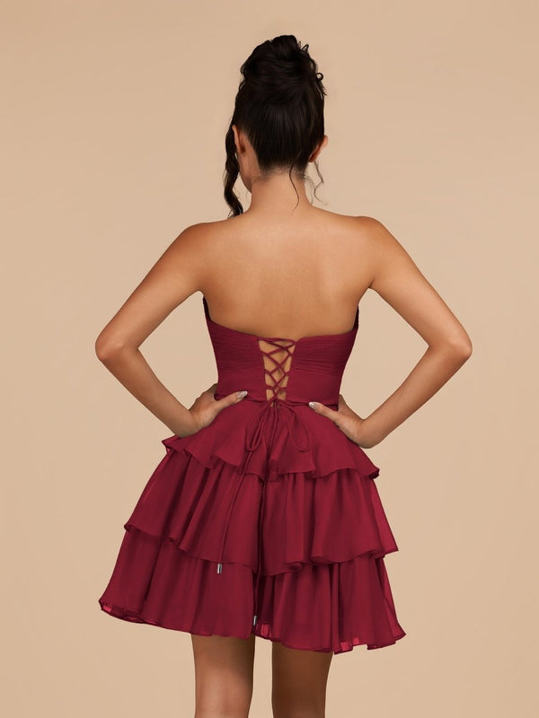 Fenara | Burgundy - Strapless A Line Chiffon Ruffles Homecoming Dresses With Flower - SHEISME