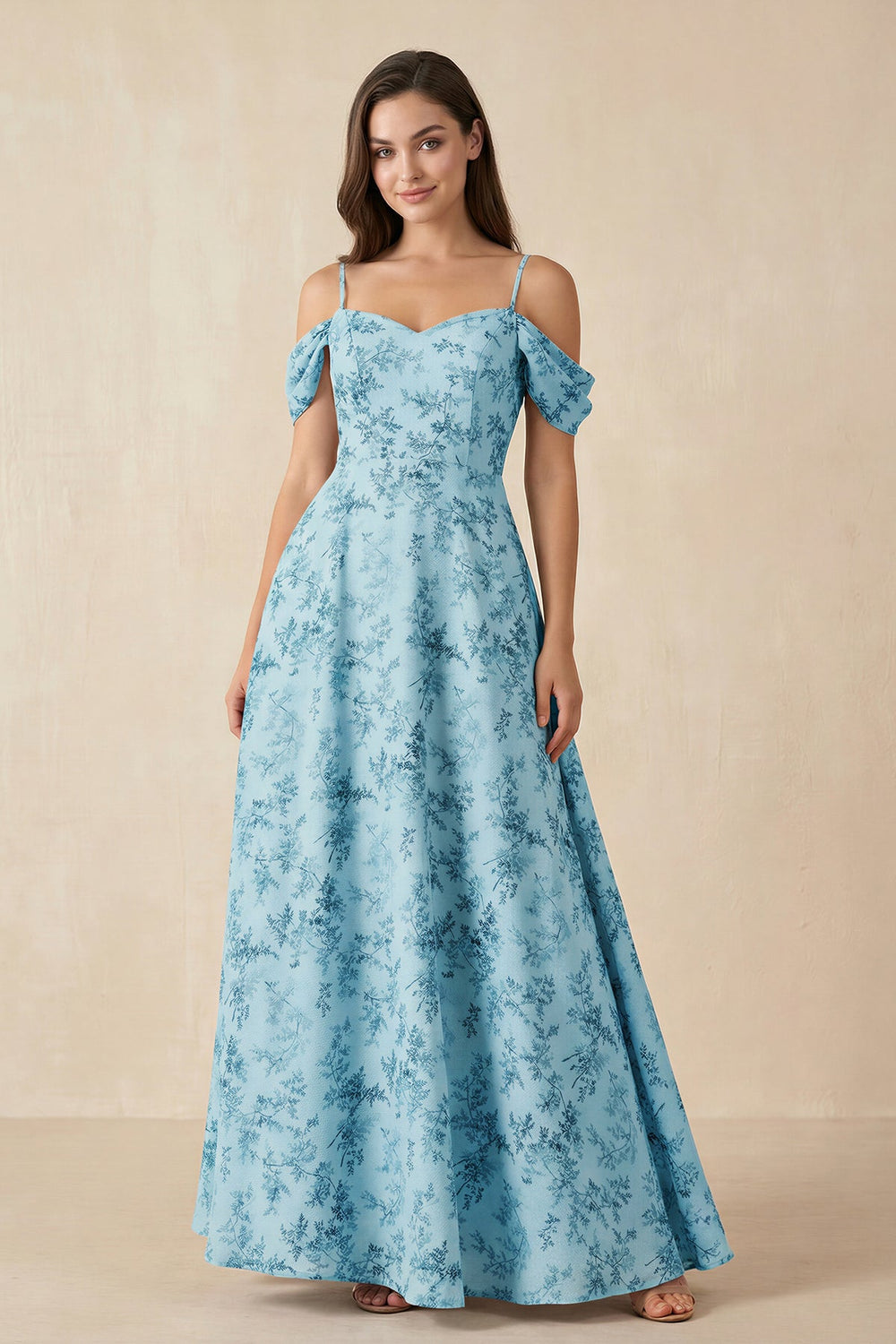 Floral Chiffon Off - the - Shoulder A - Line Bridesmaid Dress in Adriatic Blue - SHE IS ME Bridesmaid Dresses